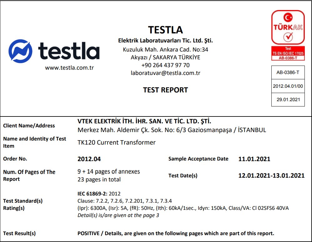 TK 120 Current Transformer Certification